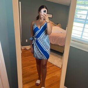 Lulus Blue and White Multi Print Wrap Mini Dress